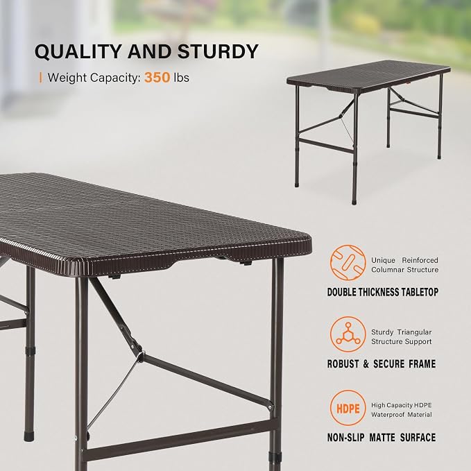 VINGLI 4 FT Plastic Folding Camping Table, Portable in/Outdoor Party Picnic Dining Desk,Garden Soccer Multipurpose Entertaining Activities, Brown - Image 4