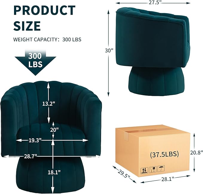 Swivel Accent Barrel Chair Set of 2- Cute Comfy Small Round 360° Arm Chair Velvet Sofa Club Reading Chair for Living Room Bedroom Office Green