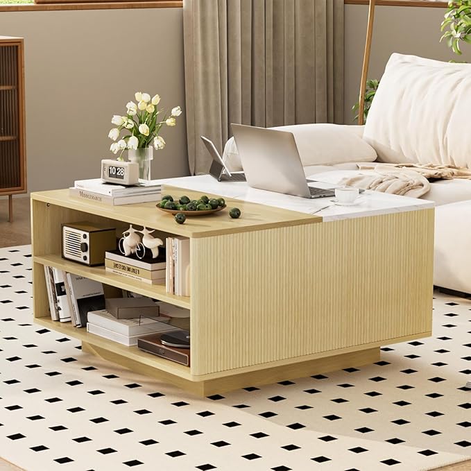 Lift Top Coffee Table with Storage, Fluted Natural Wood Square Center Table with Open Storage, Living Room Central Table w/Large Hidden Space, for Living Room, Bedroom, Home Office