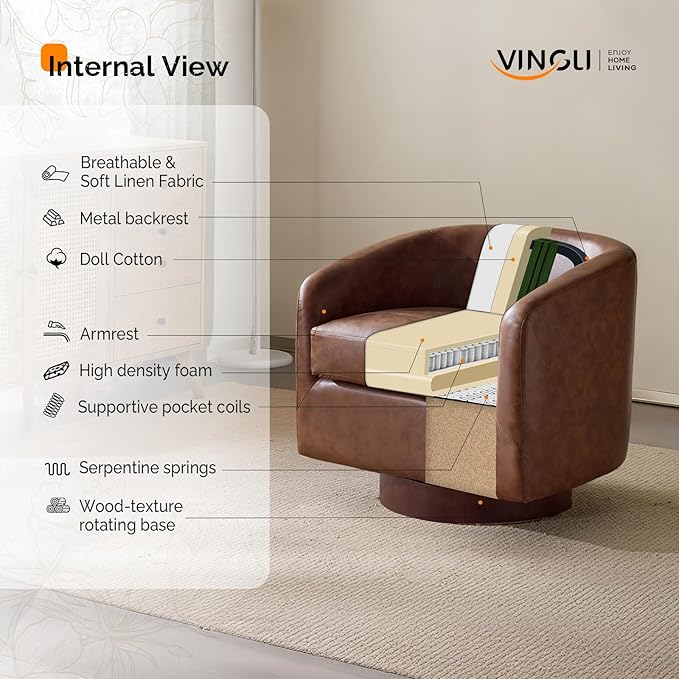 VINGLI 360°Swivel Accent Chair with Engineered Wood Base and Removable Cushion for Living Room, Bedroom, Curved Back Barrel Chair for Small Space, Upholstered Bucket Armchair, Pu-Brown
