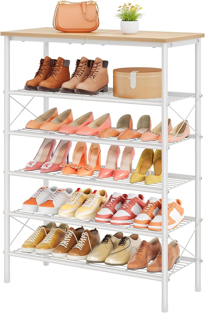 Tajsoon 6 Tier Shoe Rack Organizer for 20-24 Pairs of Shoes, Metal Mesh Shoe Shelf for Closet, Industrial Shoe Rack for Entryway Shoe Storage with X Shape Fixed Frame, White & Log by Tajsoon