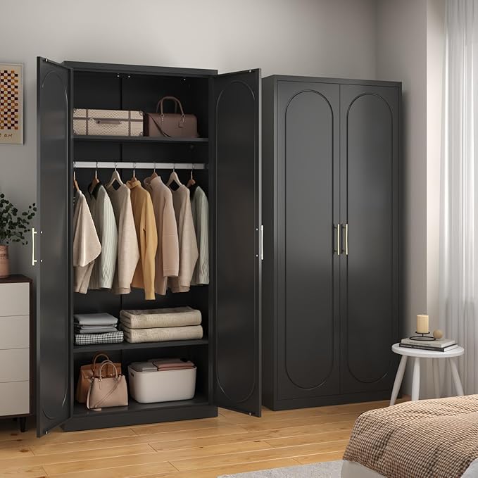 SteeLoong 71" Metal Armoire Wardrobe Closet with Doors,Tall Clothing Storage Cabinet with Adjustable Shelves and Hanging Rod,Black Wardrobe Closet for Bedroom,Home,Office,Gym