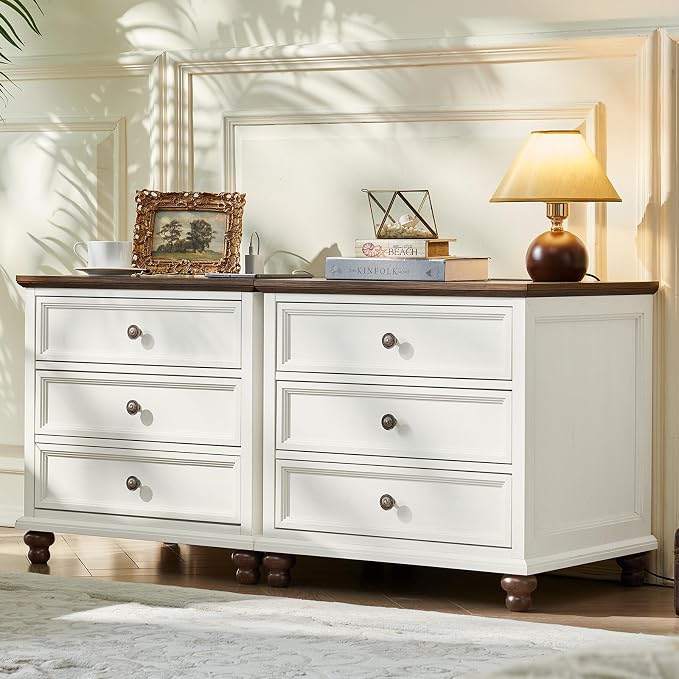 Joaxswe Farmhouse Nightstand with Charging Station, 24" Wide End Table with 3 Drawers,White Wood Dresser for Bedroom, Bed Side Table Chest of Drawers Cabinet,Night Stand for Living Room, Closet - Image 7
