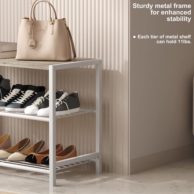 HOMEFORT 3-Tier Shoe Rack, Shoe Storage Shelf, Industrial Shoe Tower, Narrow Shoe Organizer for Closet Entryway, Small Shoe Rack Table with Durable Metal Shelves, White Oak - Image 6