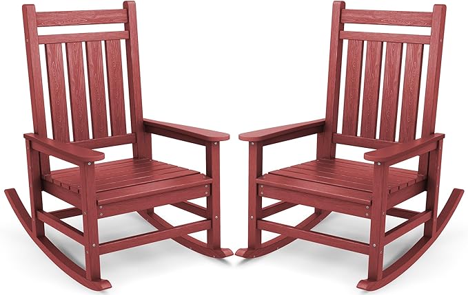SERWALL Oversized Outdoor Rocking Chair Set of 2, HDPE Rocker for Adults, Patio Rocking Chairs for Porch, Crimson Red by SERWALL
