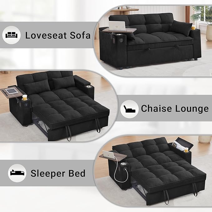3 in 1 Sofa Bed, 65 Inches Convertible Loveseat Sleeper with Side Table, Pull Out Couch with 3 Level Adjustable Backrest, Chaise Lounge with USB and Type-C Ports for Living Room, Jet Black