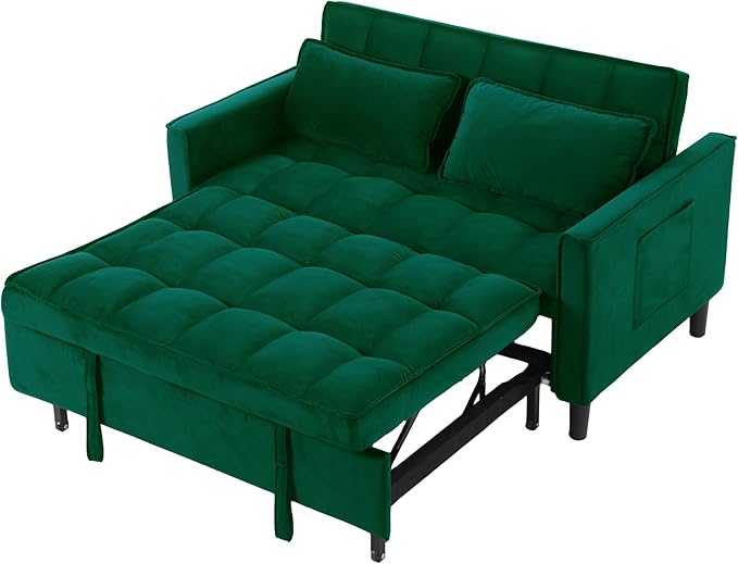 3 in 1 Convertible Sofa Bed, Love Seat Sleeper Bed with Side Pockets, Velvet Fabric Pull Out Couch with Adjustable Backrest for Living Room, Bedroom, Apartment, Dark Green