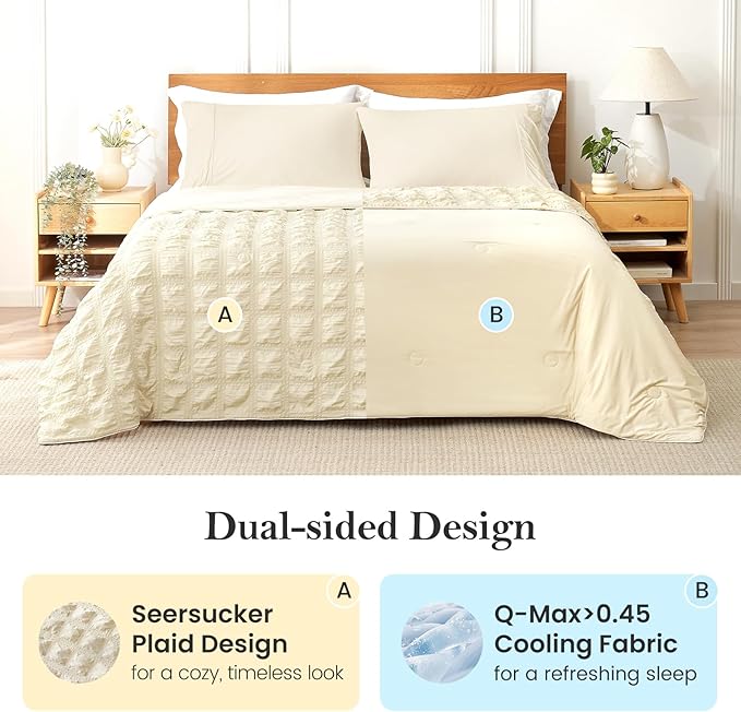 Cozy Bliss Cooling Comforter Seersucker Plaid Queen Size, Q-Max 0.45 Lightweight Cooling Blanket, Breathable Silk Smooth Summer Bedding Quilt for Hot Sleepers Night Sweats Khaki