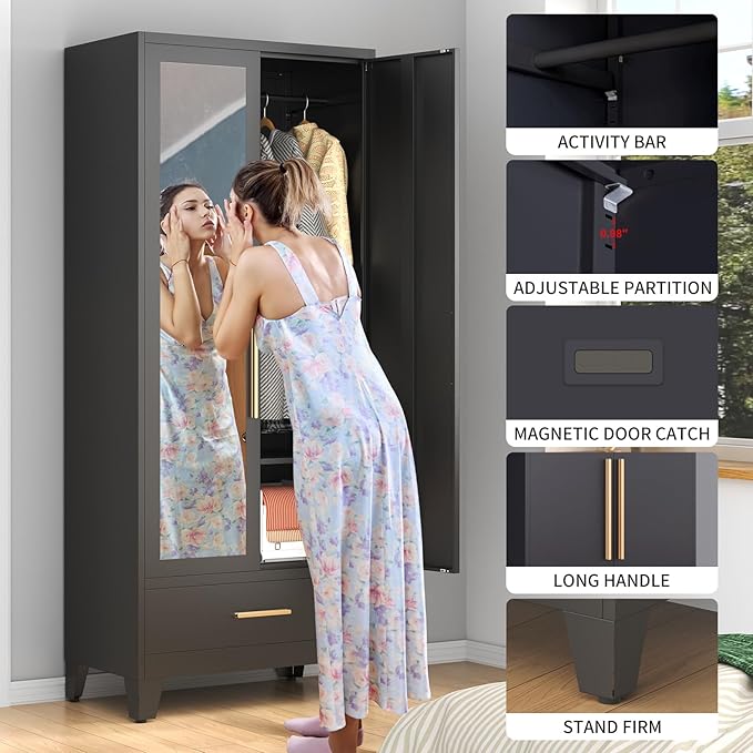75.3" Tall Metal Armoire Wardrobe Closet with Mirror Doors and Drawer, Adjustable Hanging Rod and Adjustable Shelf, Freestanding Storage Cabinet Organizer for Bedroom, Office, Laundry Room, Black
