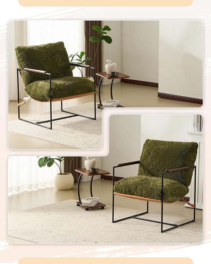 Karl home Modern Accent Chair Plush Fleece Upholstered Living Room Chair with Metal Frame Wooden Armrest Comfy Lounge Armchair for Living Room, Bedroom, Balcony, Reading Room, Green
