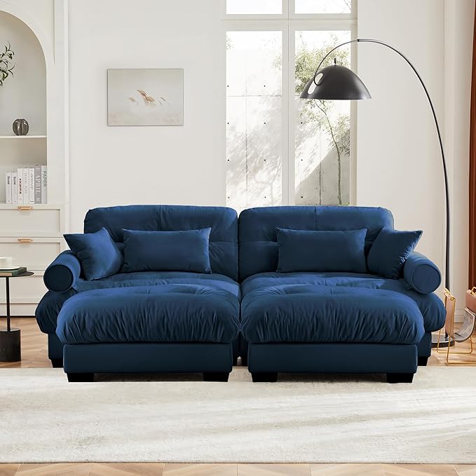 KEIKI 94" Oversized Velvet Modular Sectional Loveseat Sofa with 2 Ottoman, High-Density Foam Cushions and Bolstered Armrests, Upholstered 2-Seater Cloud Couch with 4 Pillow, for Living Room, Blue