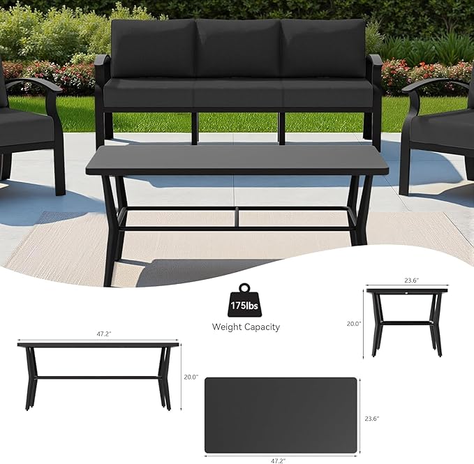 Aluminum Patio Furniture Set with Rectangular Coffee Table, 5 Seats Outdoor Patio Conversation Sets w/5.1" Cushions,Patio Conversation Sets for Garden, Backyard, Porch-Black