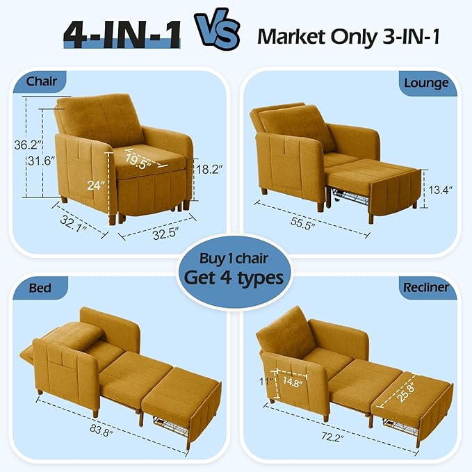 ZZW Sleeper Chair 84" Extra Long Convertible Chair Bed Upgraded 3-in-1 to 4-in-1 Pull Out Chair & Single Sofa Bed for Adult Sleeping Chairs for Living Room & Small Space