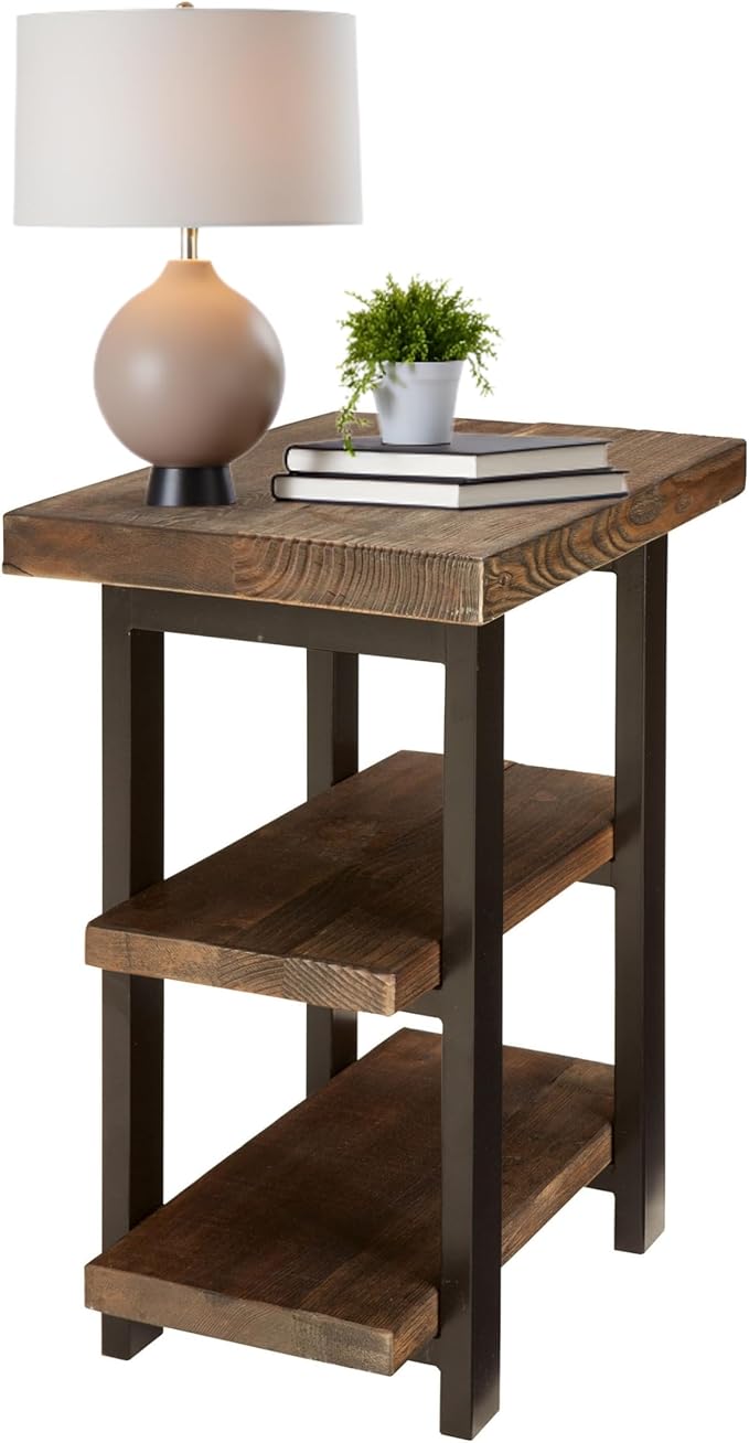 Alaterre Furniture Pomona Living Room Tables – 3-Tier Solid Wood End Table with Metal Legs & Storage Shelves – Modern Rustic Industrial Space-Saving Side Table or Nightstand (Rustic Brown)