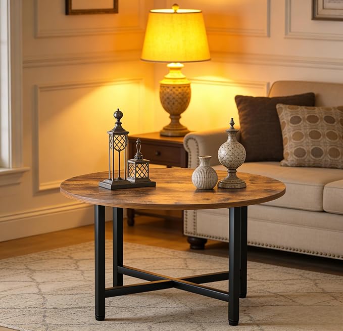 Round Coffee Table, 23.6" Small Coffee Tables for Living Room, Circle Coffee Table with Metal Frame, Floor Table Desk for Sitting on The Floor, Home, Office, Rustic Brown