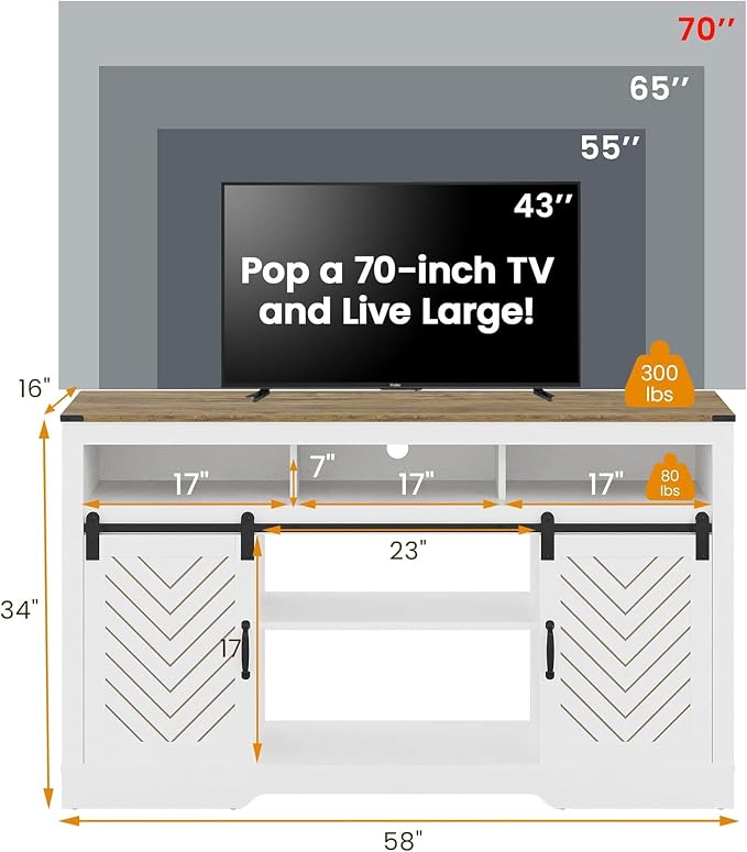 RoyalCraft Farmhouse TV Stand for 23" Electric Fireplace, Tall Entertainment Center for 65+ Inch TV, 34" Tall Rustic TV Console with Sliding Bar Door for Living Room, Wood-Tone and White - Image 6