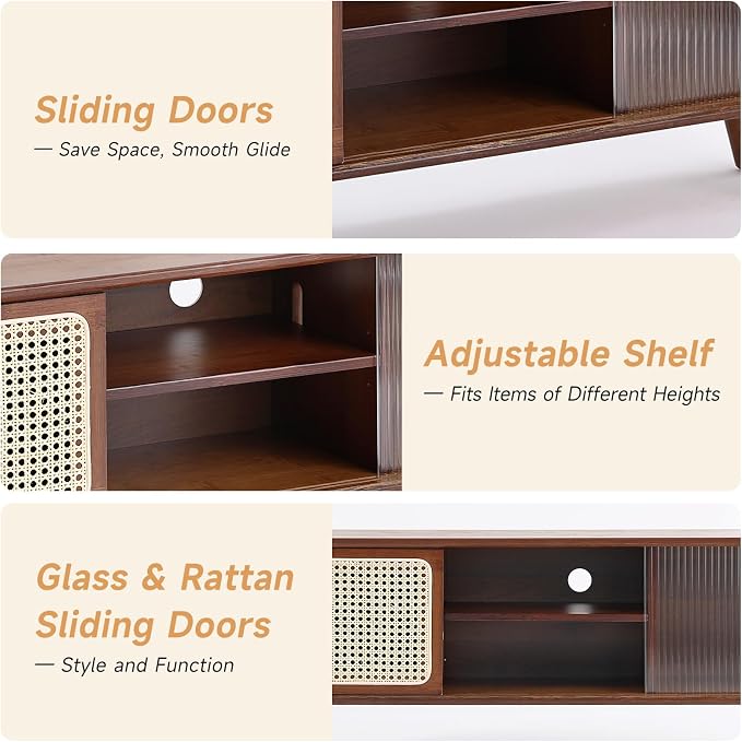 Tiita Rattan TV Stand for 55 Inch TV, Bamboo TV Cabinet with Adjustable Shelf and Storage, Boho Entertainment Center, Mid Century Modern Media Console for Bedroom, Living Room, Study, Walnut - Image 5
