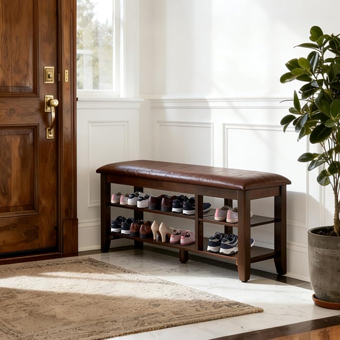 PY HOME & SPORTS Shoe Rack for Entryway 39.4": 2-Tier Shoe Storage Bench, Adjustable/Removable Shelves, Rubberwood Shoe Benches for Hallway, Porch, Bathroom, Brown by PYHOMESPORTS