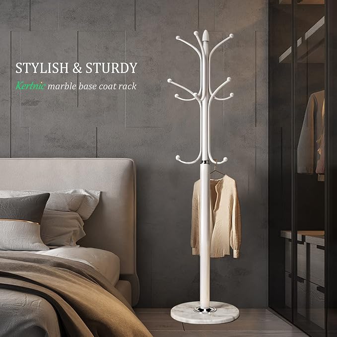 Kertnic Metal Coat Rack Stand with Natural Marble Base, Free Standing Hall Tree with 12 Hooks for Hanging Scarf, Bag, Jacket, Home Entry-way Hat Hanger Organizer (White) - Image 3