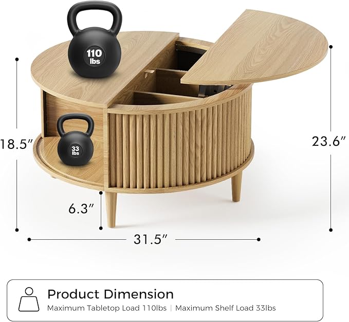 Lift Top Coffee Table with Storage, Fluted Round Center Table with Sliding Cabinet Door, Small Circle Table for Living Room, Natural Oak