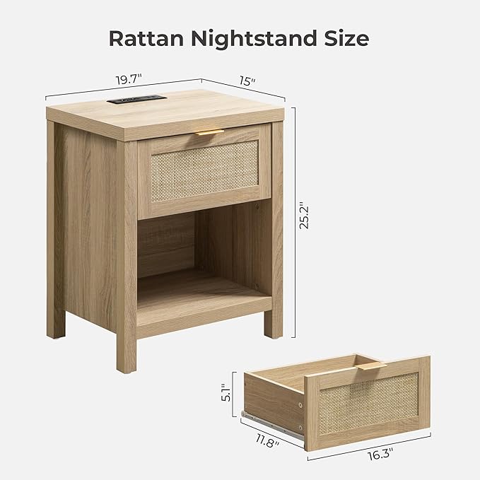 SICOTAS Night Stand with Charging Station - Rattan Nightstand with Type-C and USB Ports, Farmhouse Boho Bed Side Table with Drawer and Open Shelf for Bedroom Small Space, Light Oak - Image 3