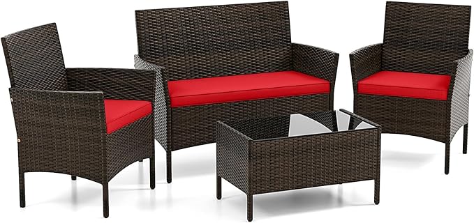 DORTALA Wicker Patio Furniture Set 4 Piece, Outdoor PE Rattan Table & Chairs Set with Tempered Glass Coffee Table, Loveseat, Cushions, Conversation Set for Balcony, Porch, Backyard, Deck, Red