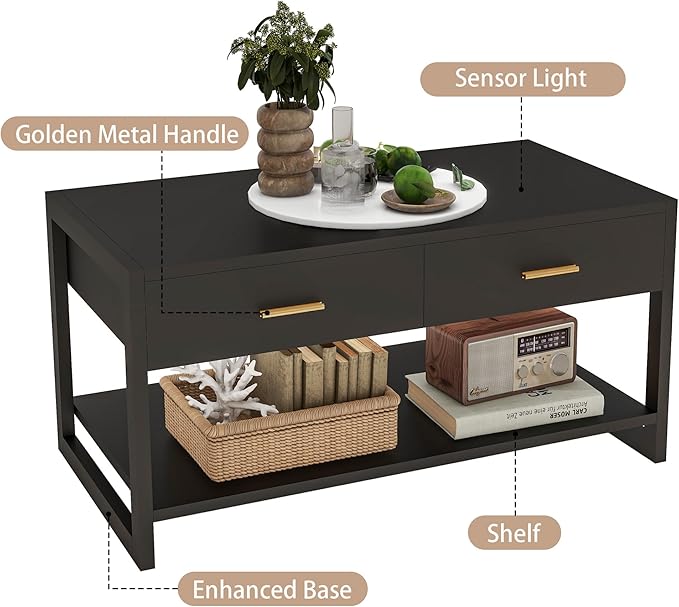 Coffee Table with Sensor Light - Modern Storage Coffee Table with Drawers and Shelf for Living Room, Office, Outdoor