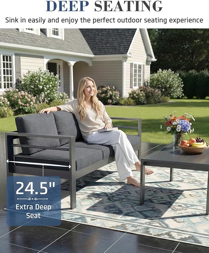 AECOJOY Aluminum Patio Furniture Set, 9 Seats Modern Outdoor Furniture with Coffee Table, 7 Pieces Metal Conversation Sectional Sofa, Dark Gray