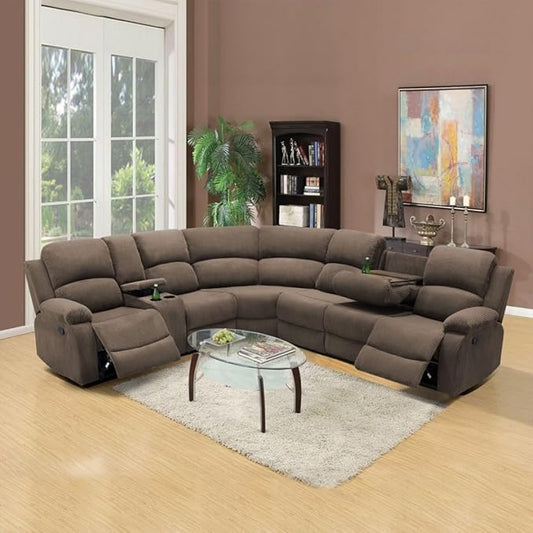 Reclining Sectional Sofa Set, L Shaped Recliner Couch with Cup Holder and Storage Console for Home Theater & Living Room, Camel