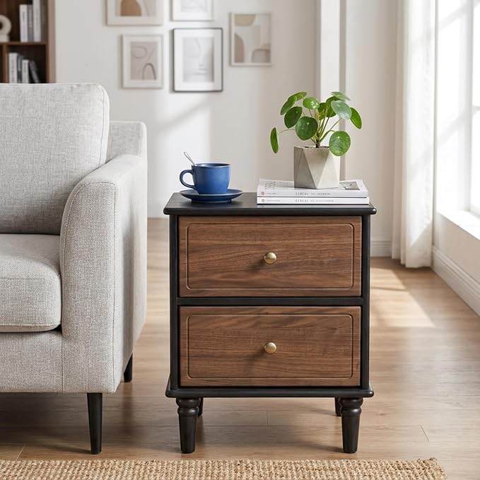 YESWOOD 100% Solid Wood Nightstand, Mid Century Modern Night Stand with Drawers, Wooden Nightstands for Bedroom, Small Night Stands Bedside Tables (Black/Walnut, 19.69" H) - Image 2