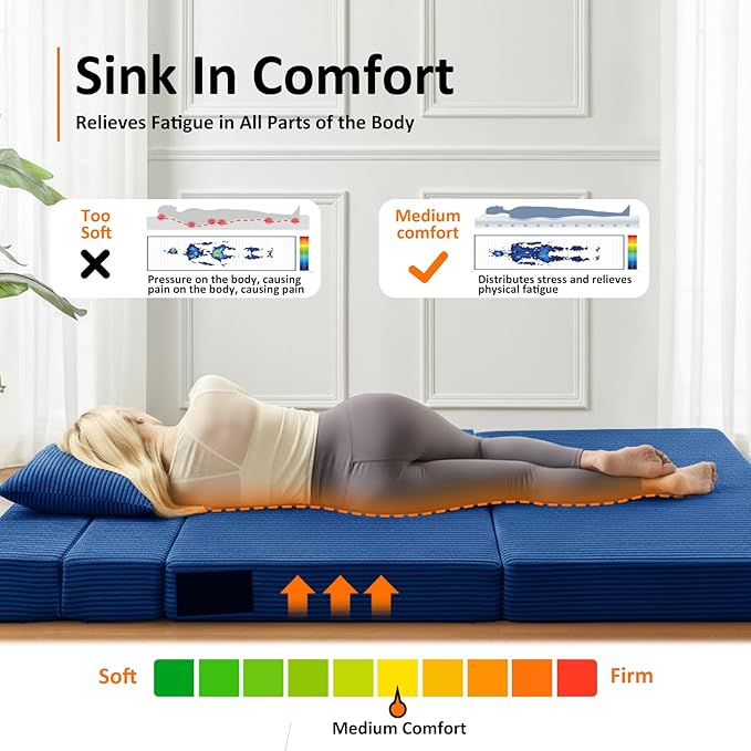 Queen Size Folding Sofa Bed - 4 in 1 Convertible Sleeper Chair with Two Pillows - High Density Memory Foam Futon Couch - Foldable Bed for Living Room Bedroom (Blue)