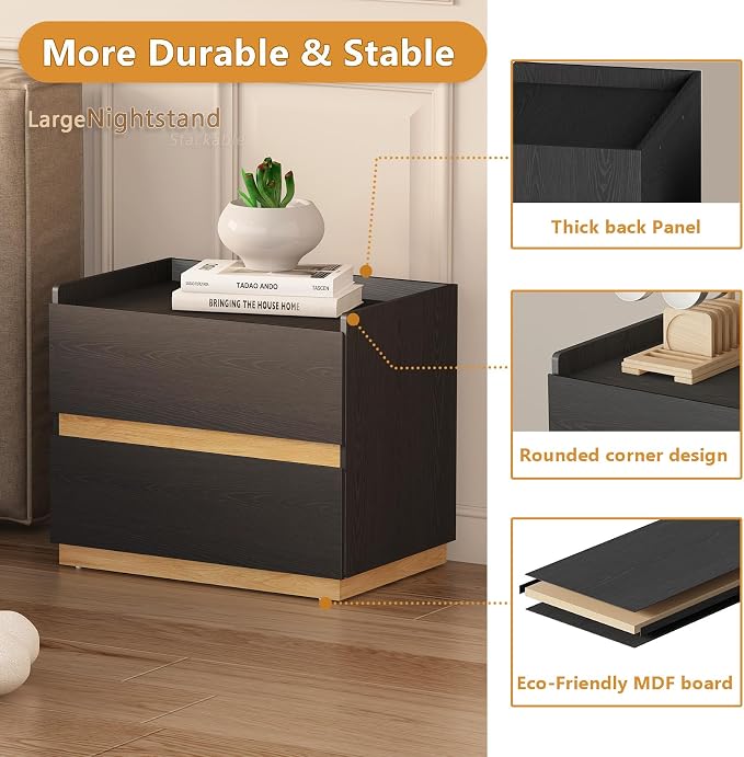 Large Modern Nightstand Black Bedside Table, 2 Drawer Dresser Wood Stackable Storage Drawers for Clothes for Closet, Bedroom, 24"x16"x20" - Image 6