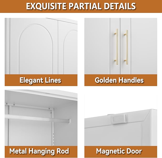 Polup Metal Wardrobe Cabinet for Hanging Clothes, 71" Tall Armoire Wardrobe Closet with Hanging Rod, White Clothing Storage Cabinet with Doors and Shelves, Large Closet for Bedroom-Assemble Required