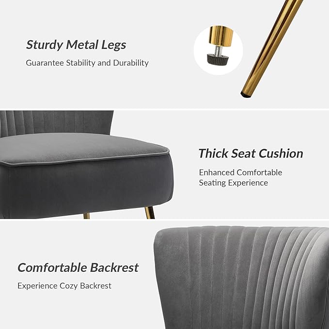 HULALA Home Velvet Accent Chair Set of 2, Modern Armless Upholstered Side Chair with Glam Gold Metal Legs for Vanity Living Room Bedroom - Grey