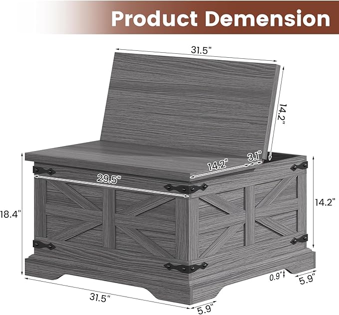 Farmhouse Coffee Table with Storage, Square Center Table for Living Room, Rustic, Hinged Lift Top Soft Close, Wood, Large Hidden Storage, Modern, Metal Corner, Grey