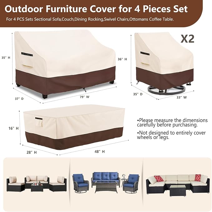 Outdoor Furniture Covers Set,4-Piece 600D Heavy Duty Waterproof Patio Furniture Cover for Outdoor Swivel Rocker Chairs,Loveseat and Coffee Table,Beige & Brown - Image 2