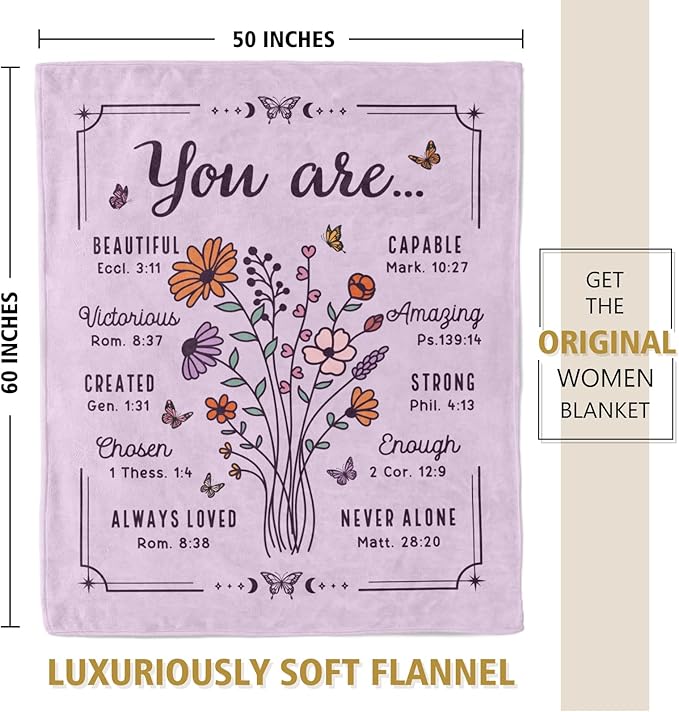 Christian Gifts for Women, Christian Floral Throw Blanket, Birthday Religious Gifts for Women Friendship, Inspirational Scripture Faith Gift for Friend, Sister, Mom, Daughter (50'' x 60'', Purple)