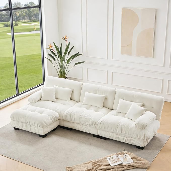 133.8" L-Shaped Cloud Couch, Oversized Modular Sectional Sofa, Deep Seat Cloud Boneless Couch, 3-Seat Modular Sectional Sofa with Ottoman or Living Room,Bedroom and Apartment, White