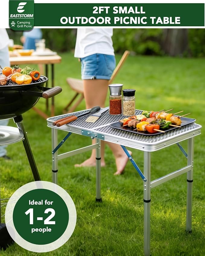 Small 2ft Folding Table with Carry Handle, Adjustable Height 10.6" or 22", Silver Metal Mesh, Portable & Compact Indoor/Apartment/Card/Side/Grill Table, 23.6"Lx15.8"W, Lightweight 4 lb, 66 lb Capacity - Image 4