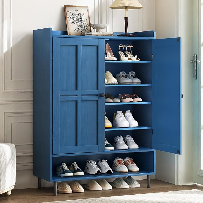 ComfyCorner Blue 7+1 Tier Farmhouse Shoe Storage Cabinet - 45" Tall Entryway Organizer with Cross Molding Doors, 3 Adjustable Shelves & Metal Legs, Shoe Rack for Front Door Entrance by ComfyCorner