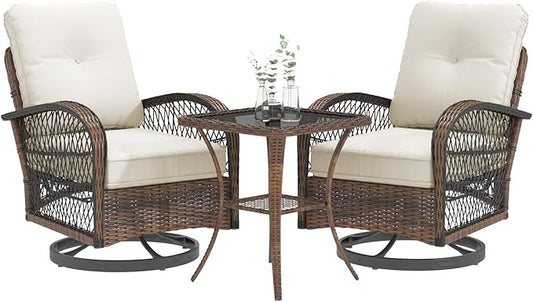 EROMMY 3 Pieces Patio Furniture Set, Outdoor Swivel Rocker Patio Chairs, Wicker Patio Bistro Set with Rocking Chair, Thickened Cushions and Glass Coffee Table for Backyard, Garden, Beige