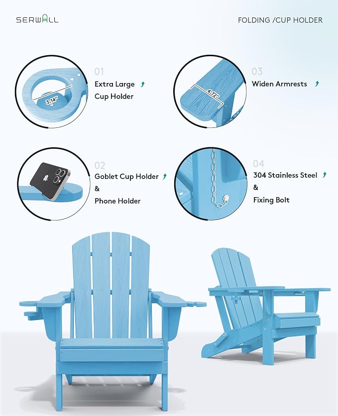 SERWALL Adirondack Chair with Cup Holders - Composite Adirondack Chairs Set of 6 HDPE Outdoor Chairs All Weather Use- Light Blue - Image 8