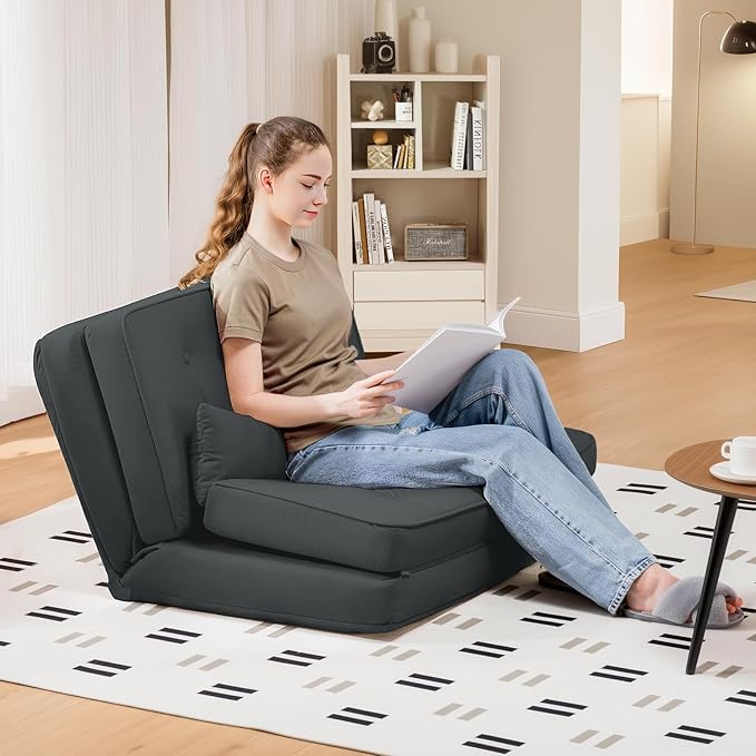 LUCKLIFE Folding Sofa Bed, Convertible Floor Sofa with Pillows, Fabric Floor Couch & Memory Foam Foldable Mattress with Washable Cover for Living Room, Guest Room, Dorm (Black)