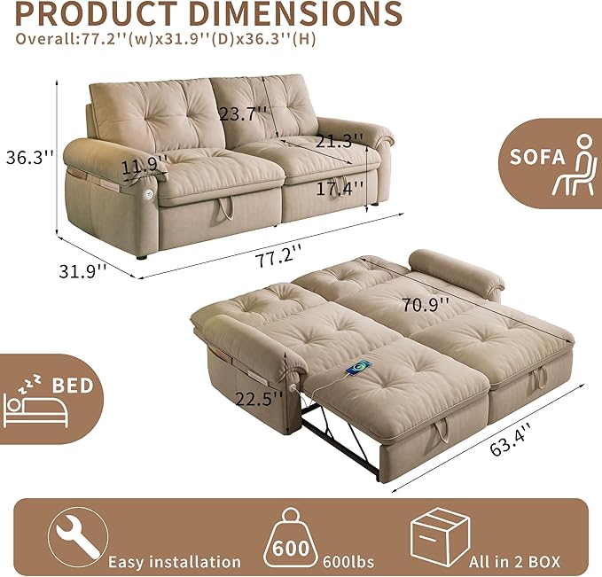 KEIKI 77" Modular Sectional Sofa with Pull-Out Bed, Convertible Sleeper Sofa Bed, 3-Seater Sleeper Sofa Couch for Living Rooms, Bedroom, Apartment, Brown