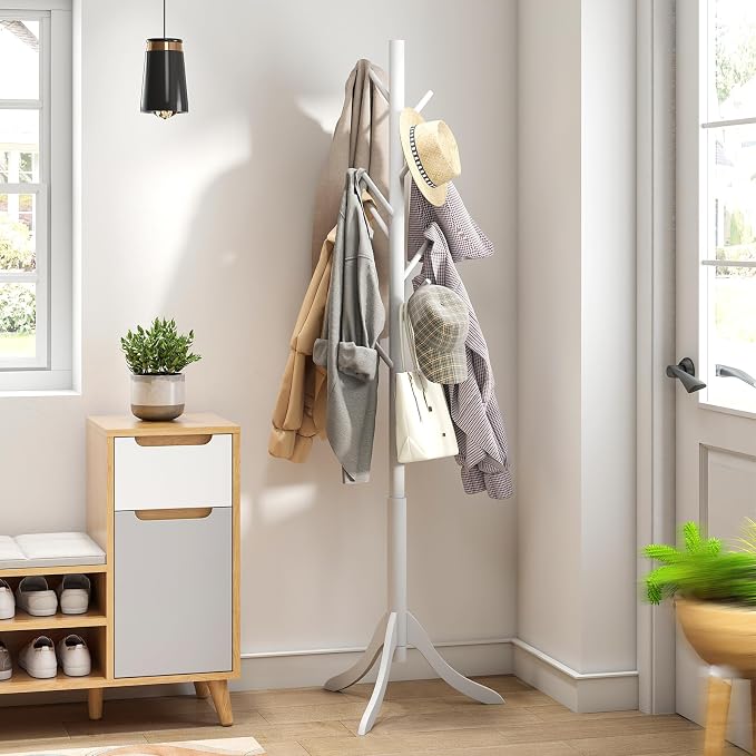 kiplant Coat Rack Stand with 8 Hooks, Adjustable Coat Standing Tree Easy Assembly for Coats, Hats, Scarves and Handbags for Entryway, Hallway, Bedroom, Office (Bamboo, White) - Image 7