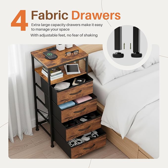 DUMOS Nightstand with Charging Station, Bedside End Table with 4 Fabric Drawers & USB/Type-C Ports and Outlets, Night Stand for Bedroom Furniture, Adjustable Feet and Variable Light Strip, Rust - Image 4