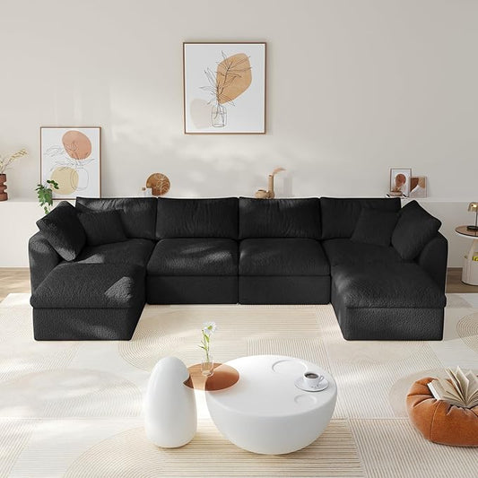 138" Modular Sectional Sofa Boneless Cloud Couch for Living Room, U Shape Deep Seat Recliner Sofa with Ottoman, Adjustable Backrest & 2 Throw Pillows - Covers Washable, (Black, 4 Seater+2 Ottoman)