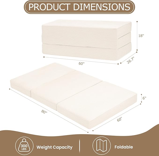 6-Inch Tri-Folding Mattress Queen Size - Foldable Futon Sofa Bed with Removable Washable Cover, Folding Futon Mattress | Non-Slip Bottom & Carry Handles for Guest, Camping, Dorm