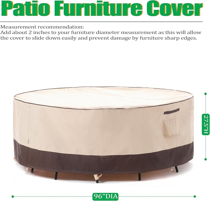F&J Outdoors Patio Furniture Covers Waterproof UV Resistant Rip-stop Fabric Round Outdoor Furniture Cover, 96" Dia x 27.5" H - Image 2