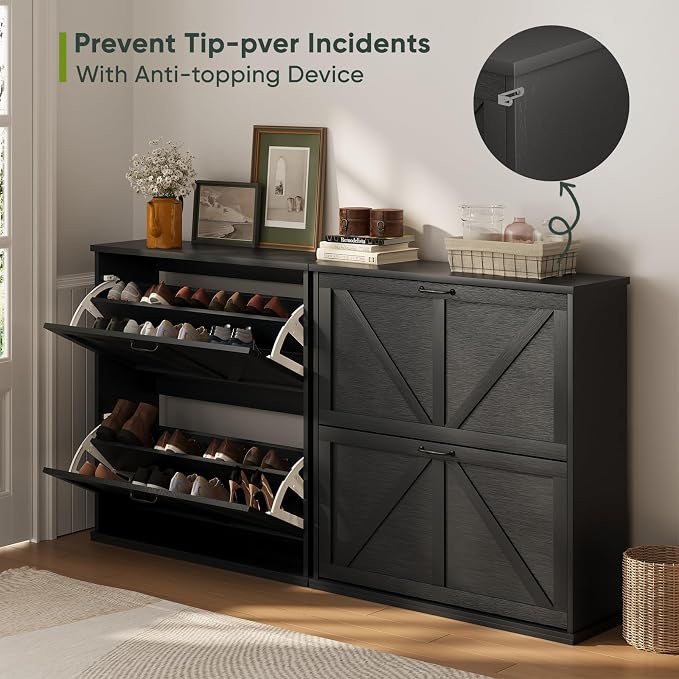 Smart FENDEE Shoe Cabinet, Shoe Storage Cabinet for Entryway with 2 Flip Drawers, Narrow Farmhouse Shoe Organizer Cabinet, Slim Shoe Rack Cabinet, 31.5in Black - Image 4